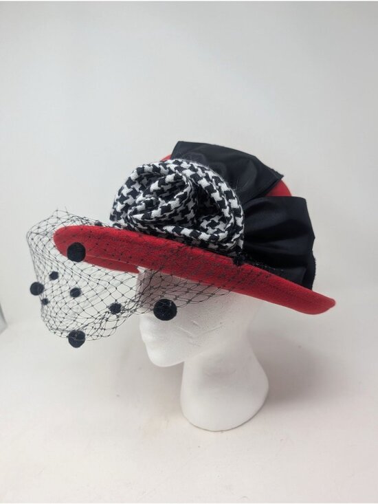 Vintage Whittall & Shon Red Felt Hat Black Veil Bow 80s main image 8